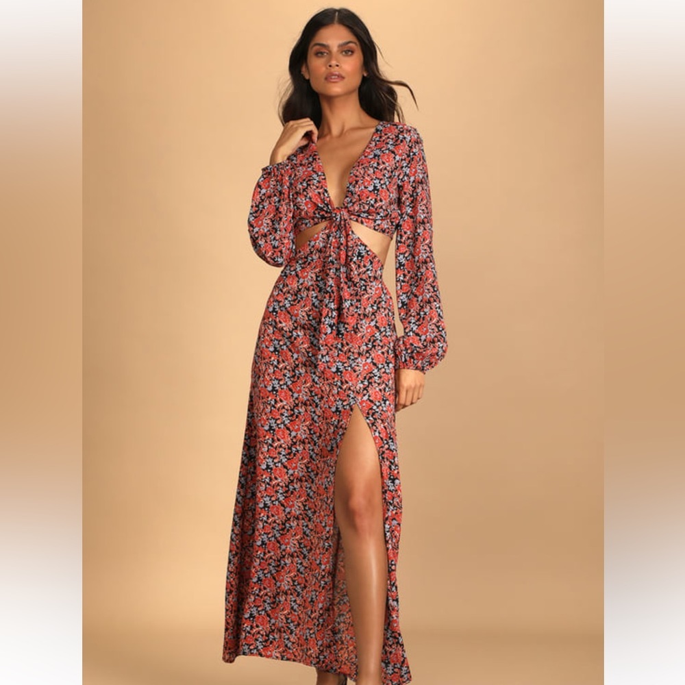 Bloom Ready Black Floral Print Cutout Long Sleeve Maxi Dress